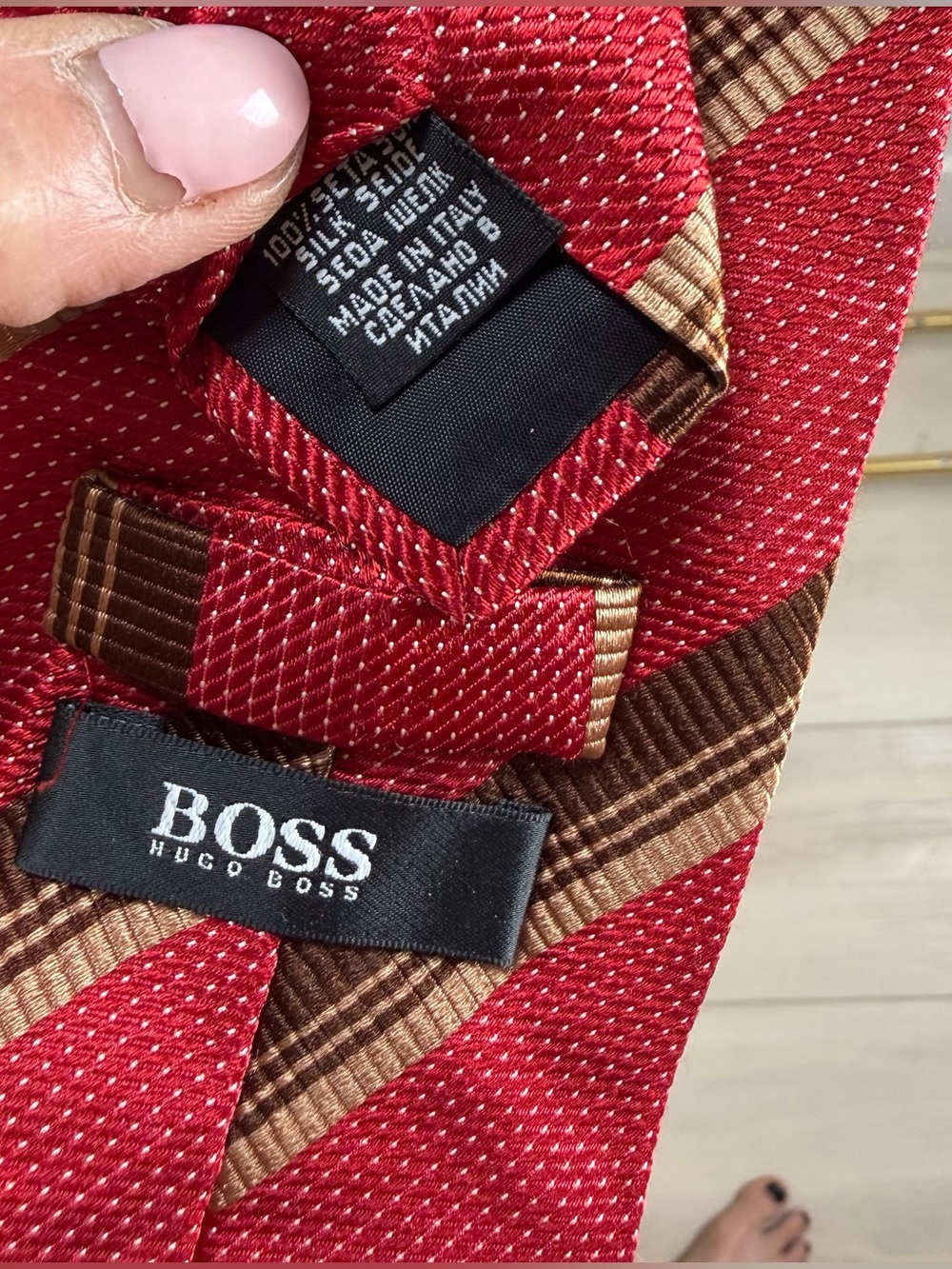 Hugo Boss 100% Silk Tie - Red & Tan Diagonal Stripe